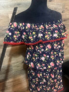 Navy Floral Off Shoulder Ruffle romper onesie 1 pc Red Trim stretch waist S